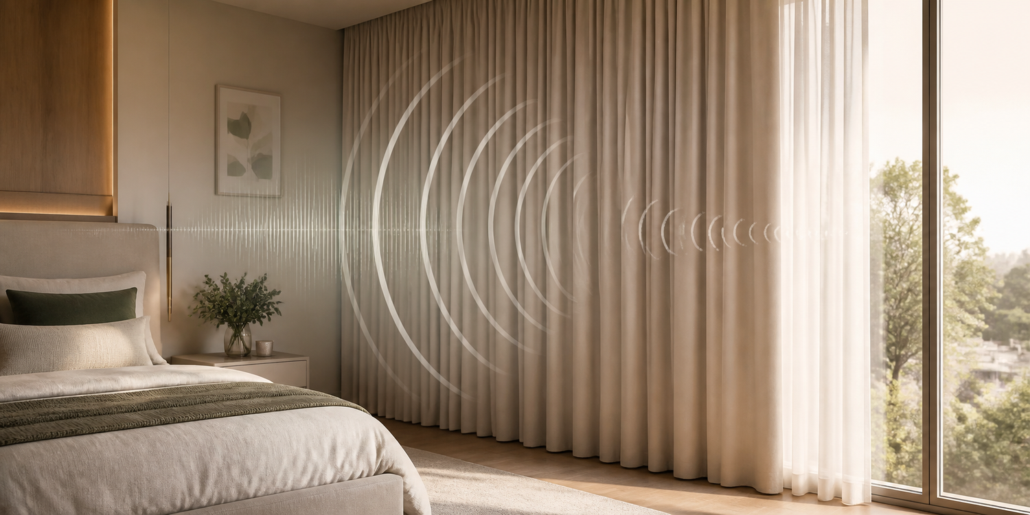 Quarto elegante com cortina antirruído em tecido encorpado e representação visual da atenuação sonora