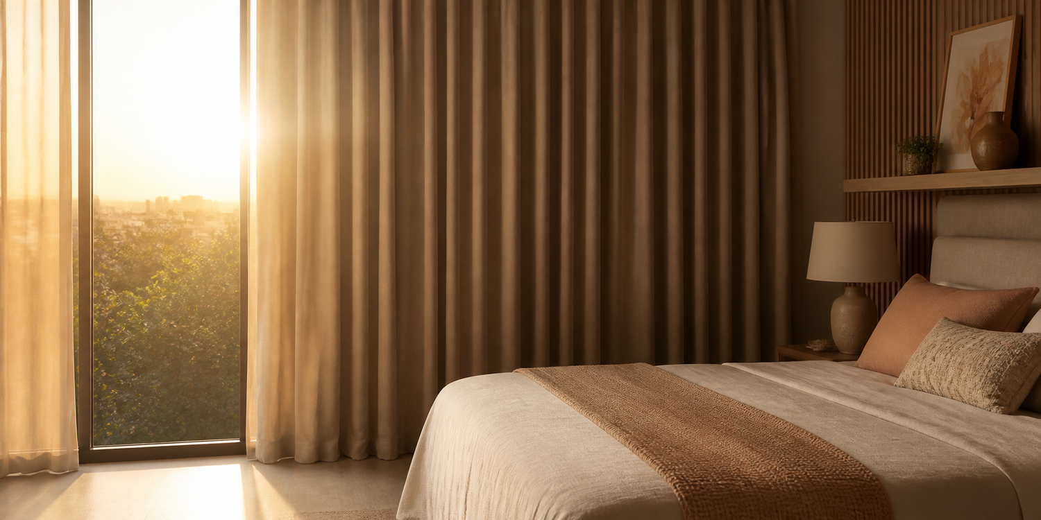 Quarto protegido do sol da tarde por uma cortina blackout de tecido encorpado