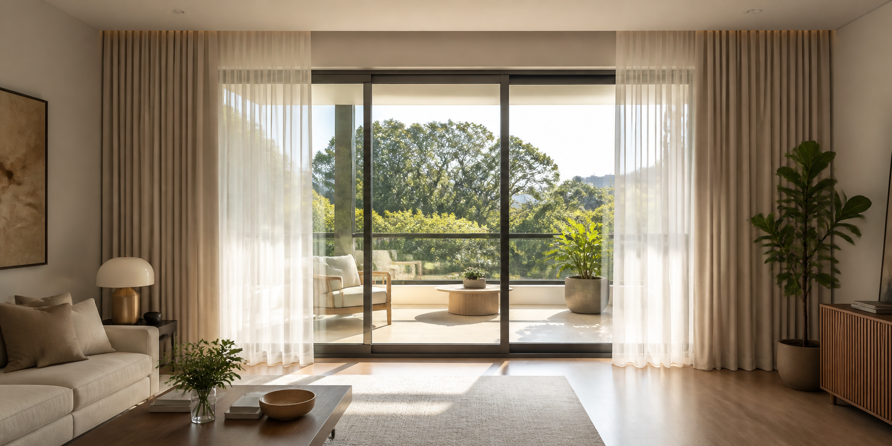 Sala contemporânea com cortina de voil e tecido encorpado instalada em ampla porta de vidro de correr