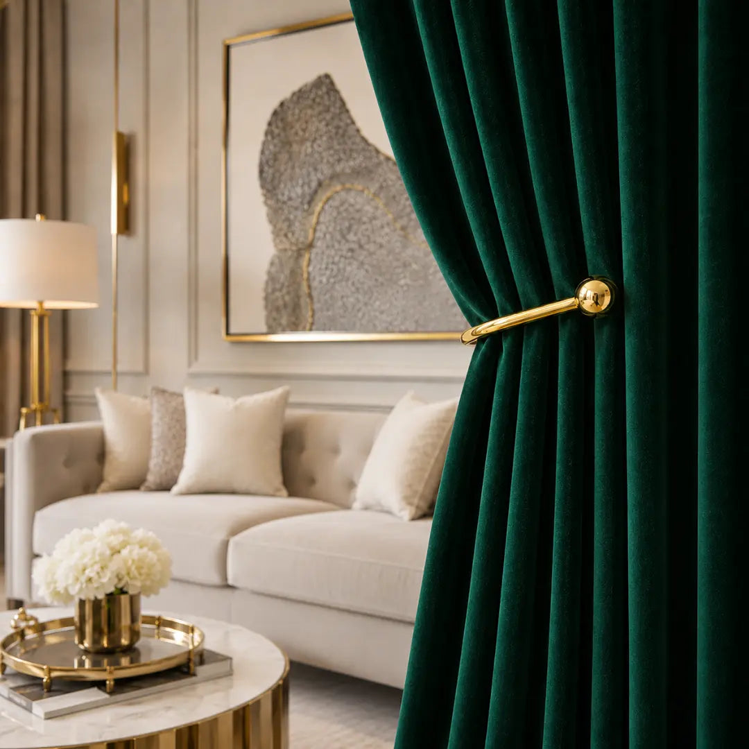 Cortina Étoile Royale verde presa por suporte dourado, com veludo intenso e sala clara ao fundo