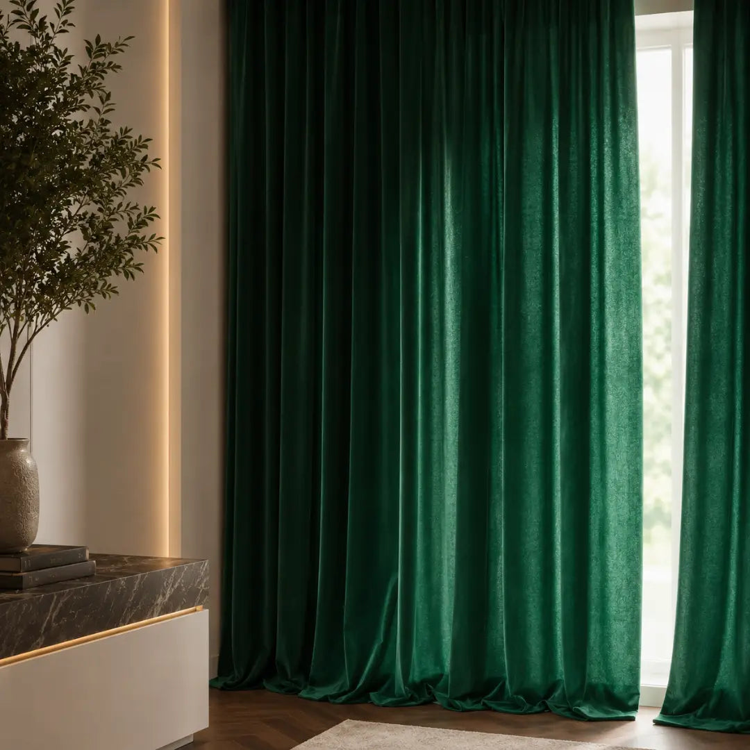Cortina Étoile Royale verde instalada em janela alta, com painéis longos e abertura estreita
