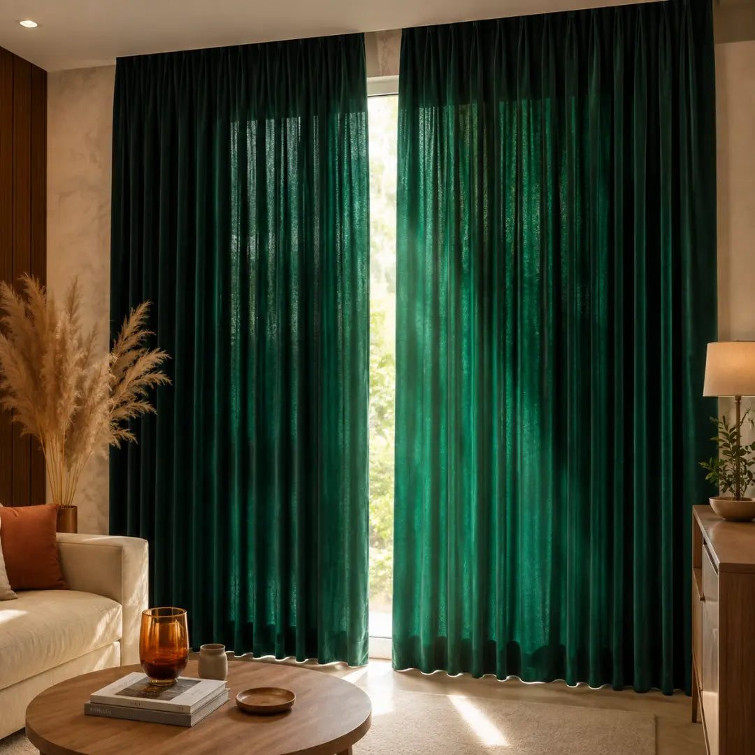Cortina Étoile Royale verde em sala, com painéis de veludo e pequena abertura ao centro