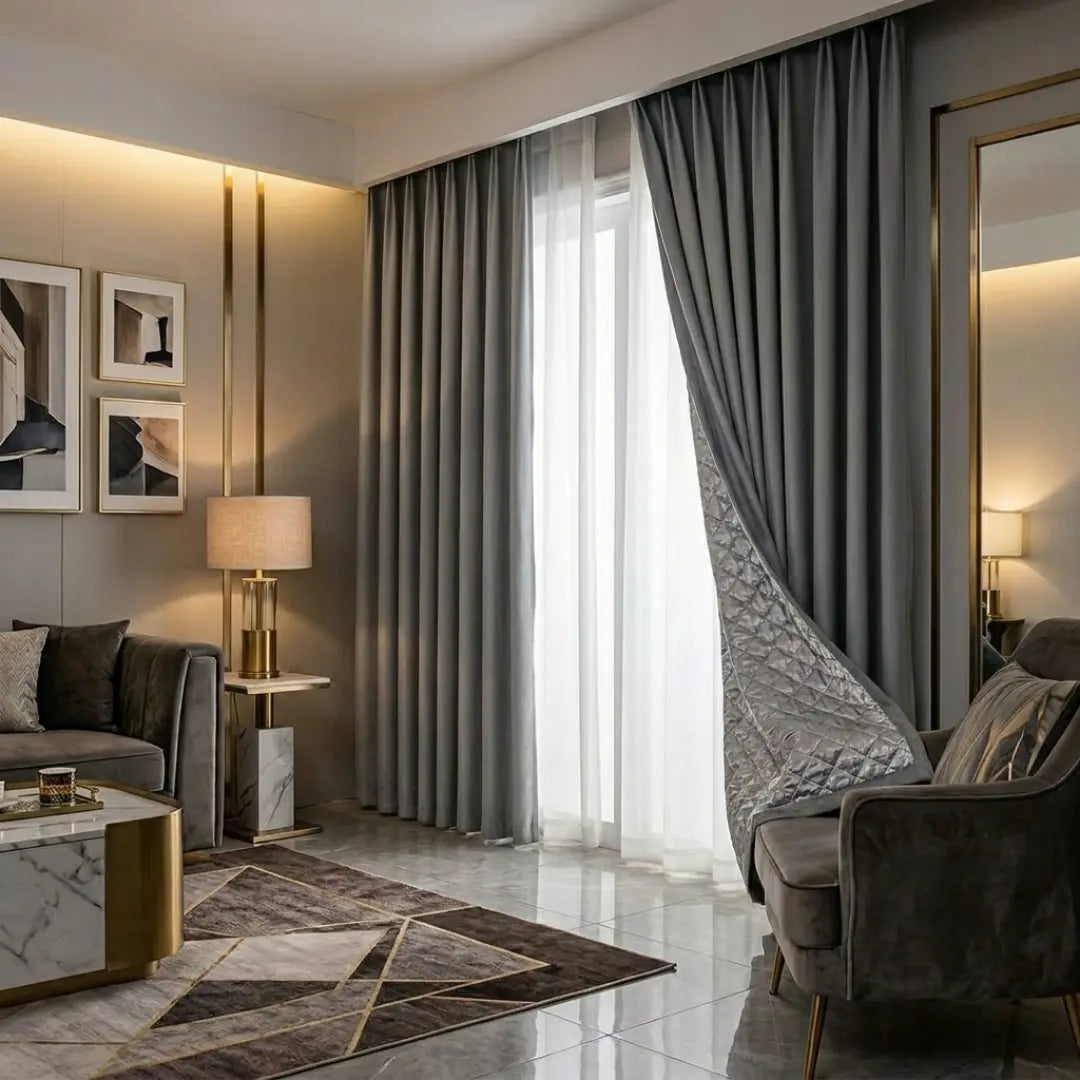 Cortina Blackout Anti Ruído Premium Sob Medida Soothe Cinza em sala moderna